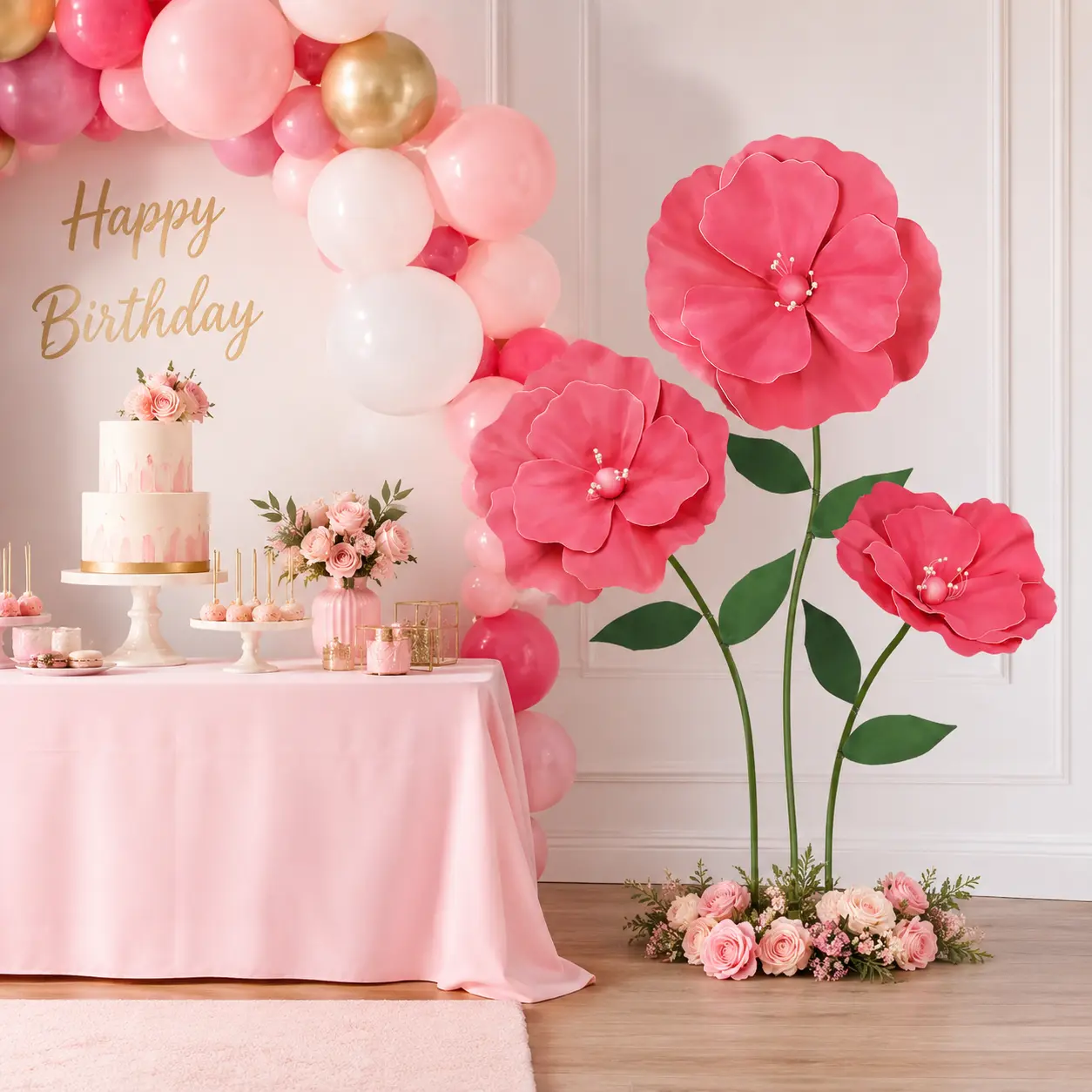 Giant Artificial Flowers 5.2FT, 3 Oversized Faux Flower Heads with Metal Base, Large Wedding Decorations for Party Backdrop, Baby Shower, Birthday, Garden Patio Decor