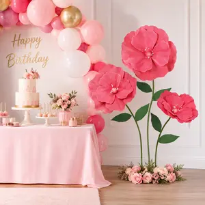 Giant Artificial Flowers 5.2FT, 3 Oversized Faux Flower Heads with Metal Base, Large Wedding Decorations for Party Backdrop, Baby Shower, Birthday, Garden Patio Decor