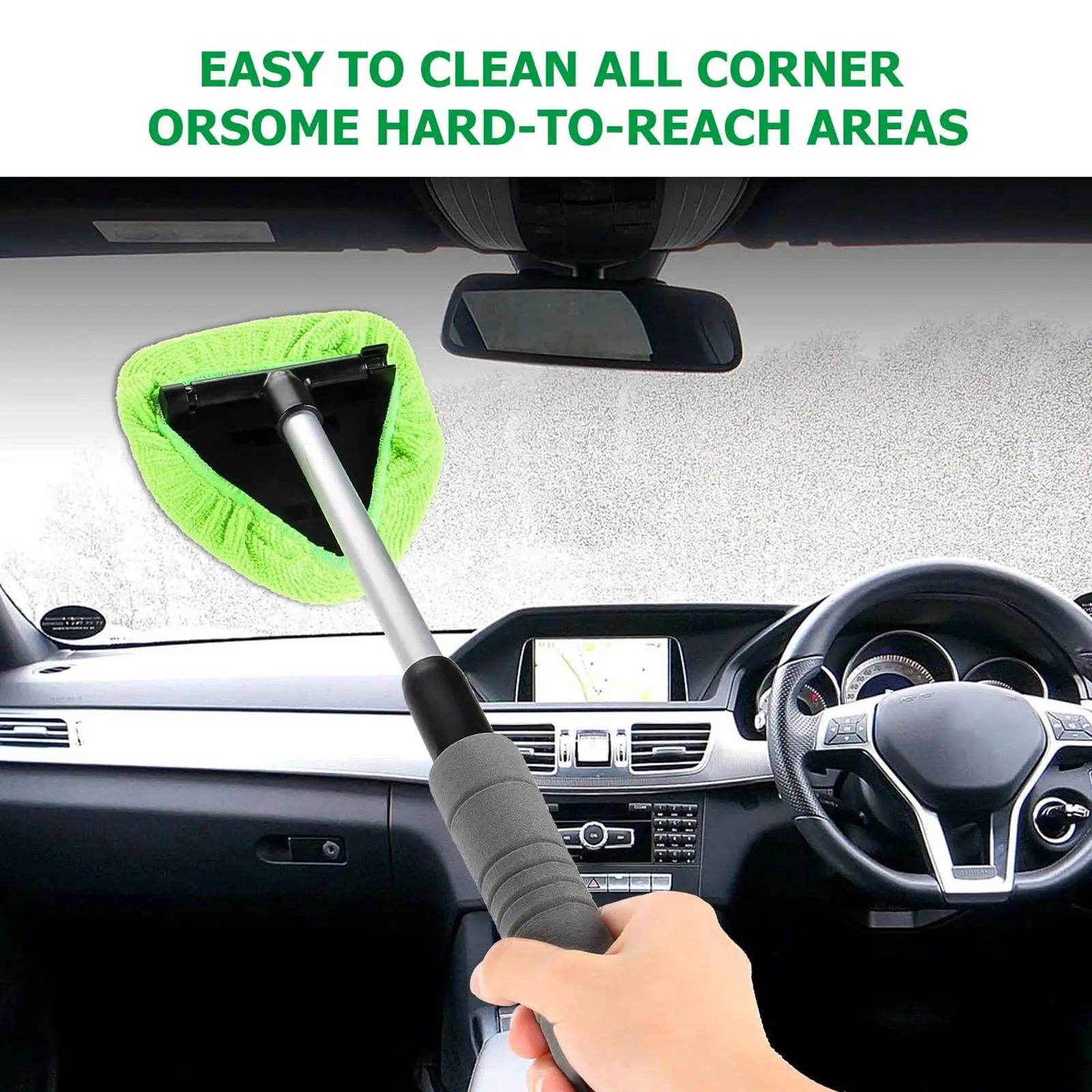 Extendable Car Window Glass Cleaner, Microfiber Windshield Brush, Fog Removal Tool Set (1 Brush + 2 Cloths + 1 Spray Bottle), Easy Clean Accessories