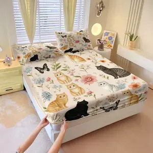 Cute Cat Themed Fitted Sheet Set & 2 Pillowcases Without Core, Watercolor Texture Floral, Butterflies & Multiple Colors of Cat Patterns, Soft Anti-Slip Wrinkle-Resistant, Countryside Pet Style Bedroom, Dorm Decor