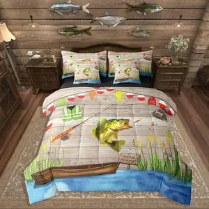 Go Fishing Bed in A Bag 7 Piece Rustic Farmhouse Comforter Set,Bass Fishing Bedding Set for Kids Adults Country Cabin Lake Boating Sheet Set with Comforter Gifts for Fisherman
