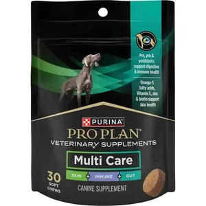 Purina Pro Plan Multi Care Dog Supplements 30 ct Pouch for Skin Immune Gut Health Omega-3 Vitamin E Biotin Zinc L-Glutamine Psyllium Husk Probiotic
