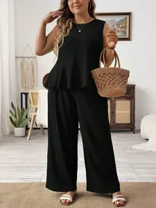 【Plus Size】 Two-Piece Set Solid Color Tank Top & Pants Set, Sleeveless Top & Trousers, Women's Two-piece Outfits for Summer