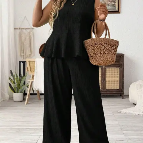 [Plus Size] Two-Piece Set Casual Minimalist Solid Color Tank Top & Pants Set, Sleeveless Top & Trousers, Women's Two-piece Outfits for Summer, Womenswear, Suits, Clothes