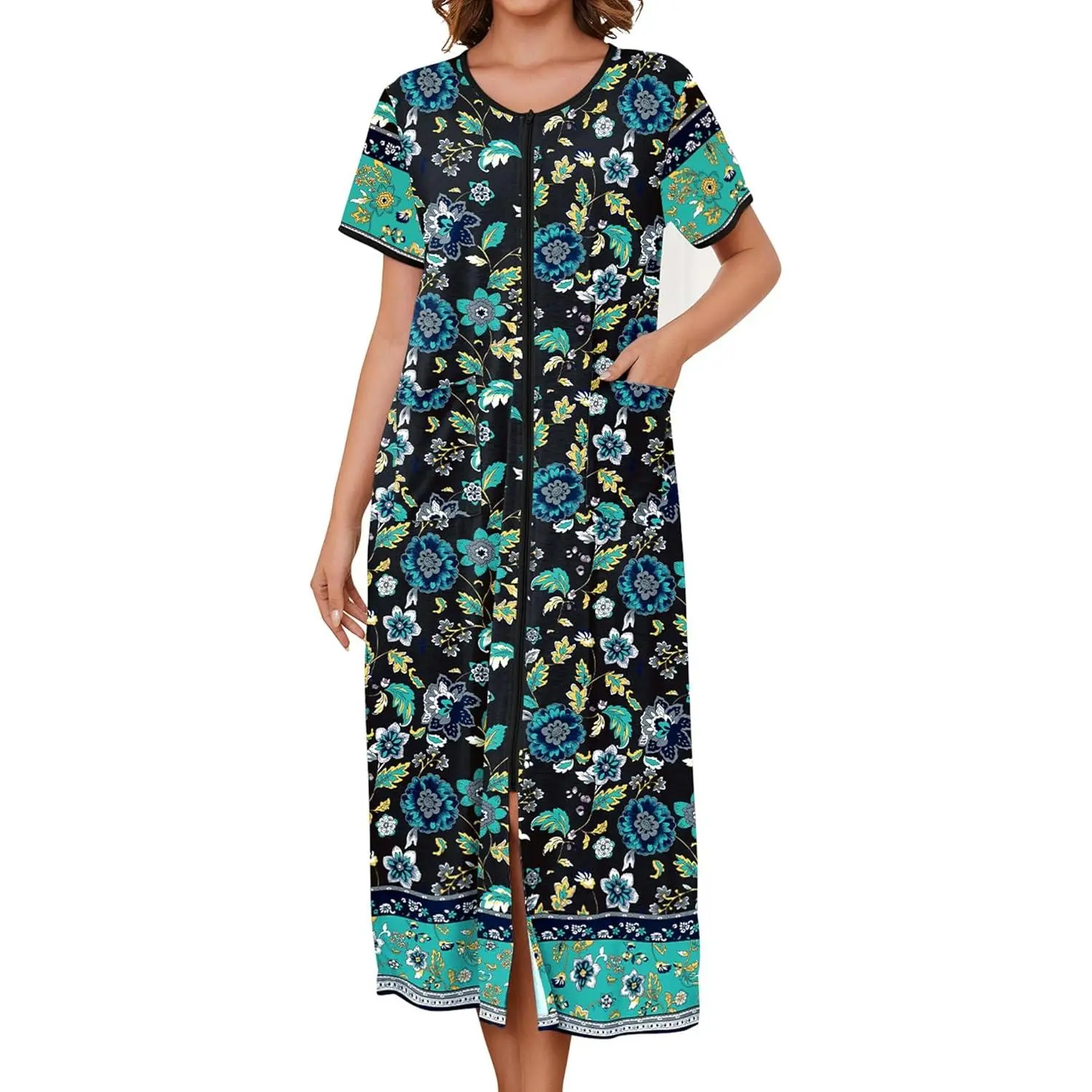 Bloggerlove Women's Casual Comfy Short Sleeve Zipper Front Robe - Floral House Coat Nightwear Long Nightgown with Pockets, S-3XL
