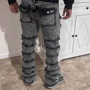 Rise Denim Stacked Flare Straight Fit Men's Jeans with Distressed Look & Cargo Pockets for Urban Style Extra-Long Inseam Soft Stretchy Denim