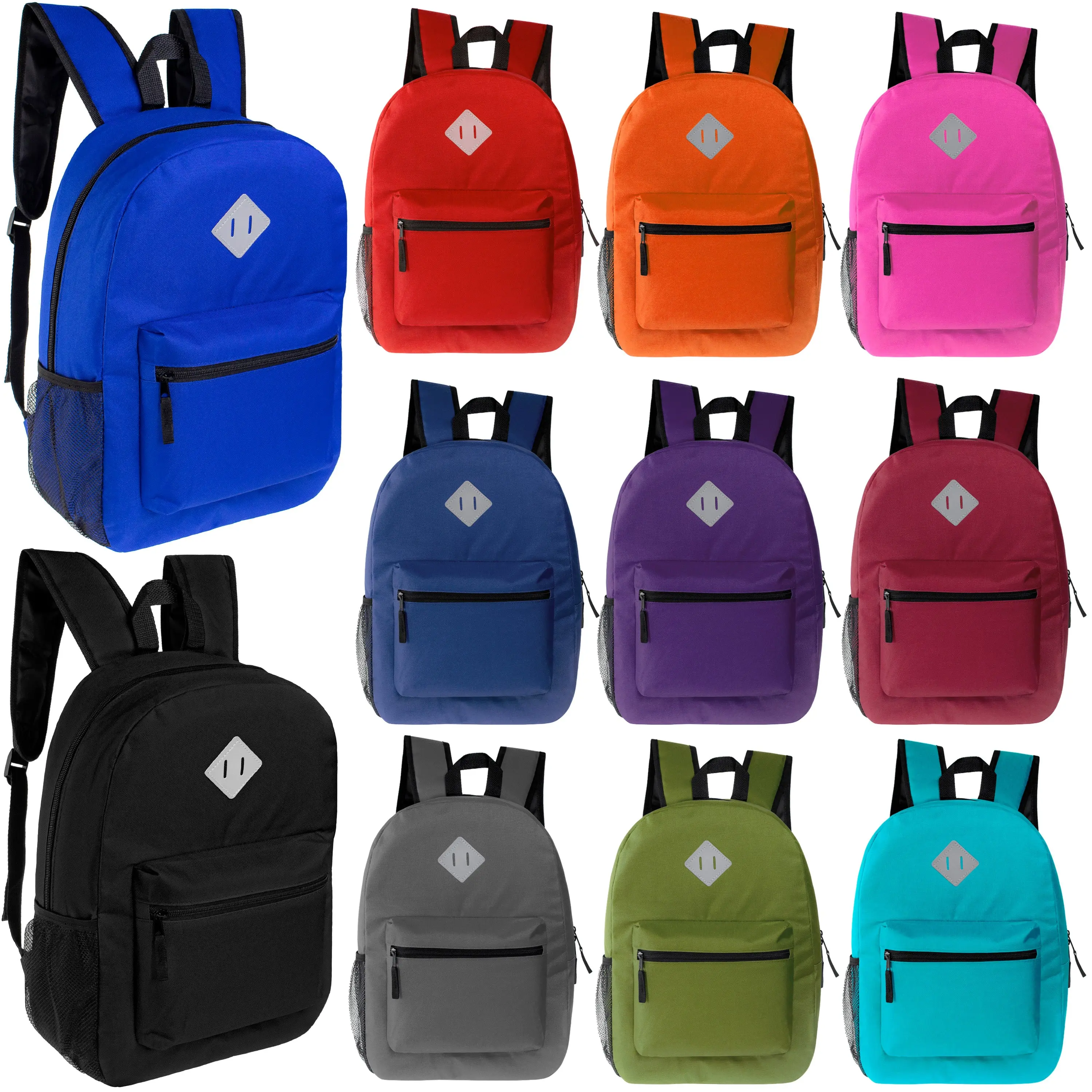 17" Wholesale Diamond Patch Backpack | 11 Colors | Padded Back - Bulk Case of 24 Bookbags