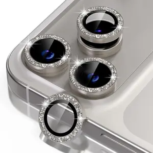 Compatible for iPhone 17 Pro/iPhone 17 Pro Max Camera Lens Protector Bling, 9H Tempered Glass Camera Cover Screen Protector Metal Individual Ring Decoration Accessories, Natural Titanium Glitter