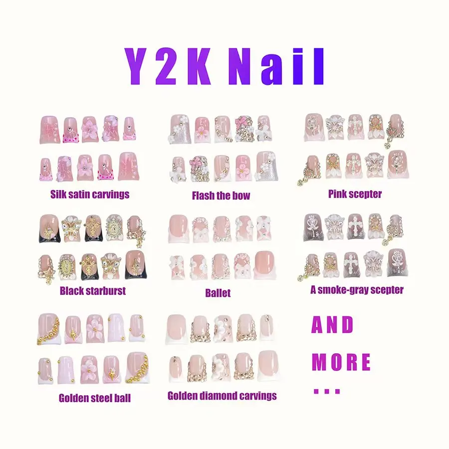 Delicate Y2K Style Handmade Nail Art Set, Nail Art Kit, Includes Jelly Glue, Nail File and Plastic Nail Stick, 4 Sizes (XS/S/M/L), Perfect Gift for Women