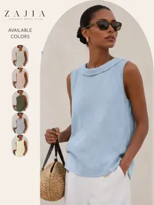 Women’s Sleeveless Blouse, Casual Peter Pan Collar Tank Top, Loose Fit Linen Look Summer Shirt, Business Casual Tops, Womenswear