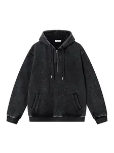 Men's American Vintage Washed Tie-Dye Half-Zip Hoodie, Casual Fashion Pullover Sweatshirt, Simple Solid Color Hooded Jacket