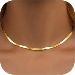 14K Gold Silver Plated Herringbone Necklace for Women – Dainty Snake Chain Choker, Trendy Simple Long Layered Jewelry Non Tarnish, 14-18 Inch Thin & Chunky Options, Gift for Her