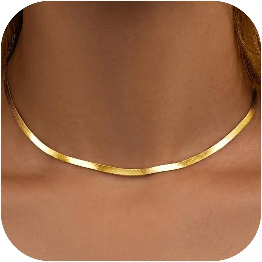 14K Gold Silver Plated Herringbone Necklace for Women – Dainty Snake Chain Choker, Trendy Simple Long Layered Jewelry Non Tarnish, 14-18 Inch Thin & Chunky Options, Gift for Her