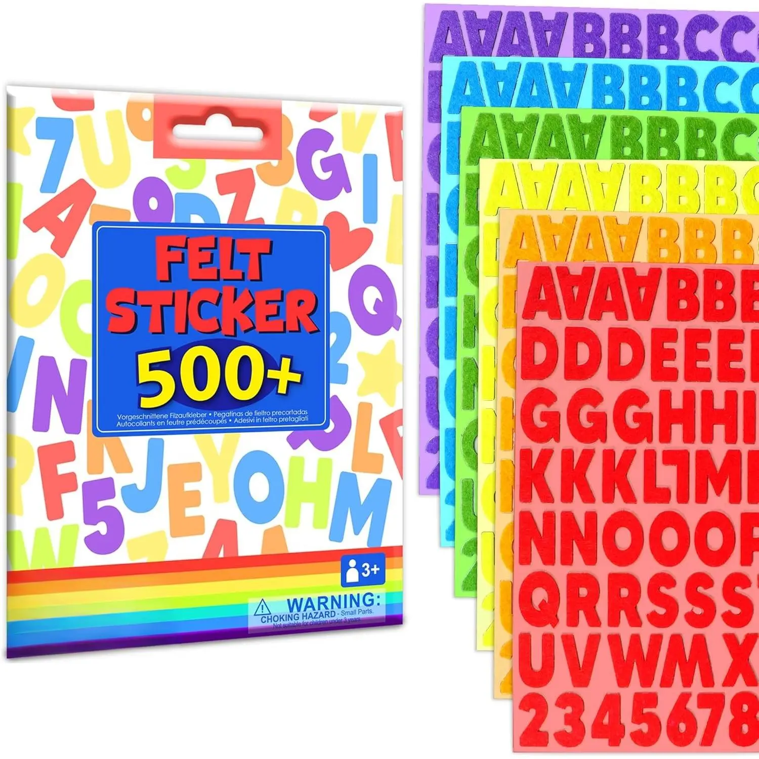 SQ-SA004 Self-Adhesive Felt Sticker Kit for 3+ Years Old Kids, 500 Assorted Scrapbook Stickers (Alphabets, Numbers, Fun Shapes) for Preschool Early Learning, Basic Alphabet and Number Skills, Hand Eye Coordination Building, DIY Arts & Crafts