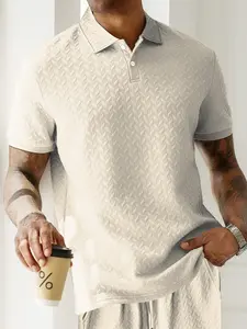 Men's Khaki Textured Polo 2-Piece Loungewear Set - Short-Sleeve Polo Shirt with Half-Button Placket + Elastic Drawstring Waist Shorts, Soft Breathable Fabric, Minimalist Style, Clothes, Perfect for At-Home Lounging, Casual Evenings & Summer Relaxation