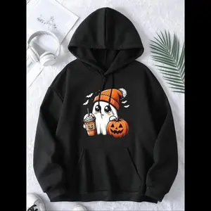 Women’s thermal-lined hoodie with cartoon ghost and pumpkin print, drop-shoulder design, fashion casual drawstring hooded sweatshirt with pocket for daily, holiday, and outdoor wear; women’s clothing for fall and winter tops/womenswear