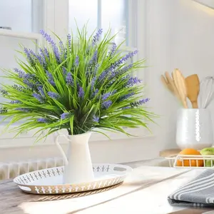 12 Bundles Artificial Plants Outdoor Faux Lavender Flowers Fake Monkey Grass UV Resistant Plastic Greenery Plants for Garden Home Porch Window Patio Hanging Planter Indoor Decor