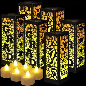 6 Pcs Graduation Table Centerpieces Boxes Class of 2026 Graduation Lanterns with LED Candles Congrats Grad School College Photo Props for Party Table Decoration (Black)