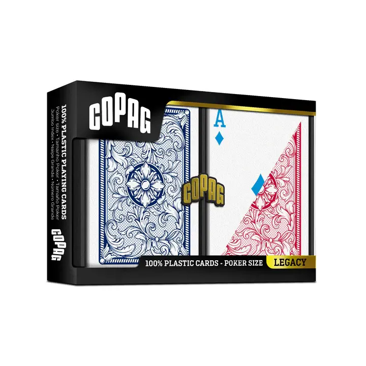 COPAG Legacy 4-Color 100% Plastic Poker Playing Cards - Poker Size, Regular Index, 2-Deck Set (Blue/Red), Durable, Card Deck Box Included, Card Set