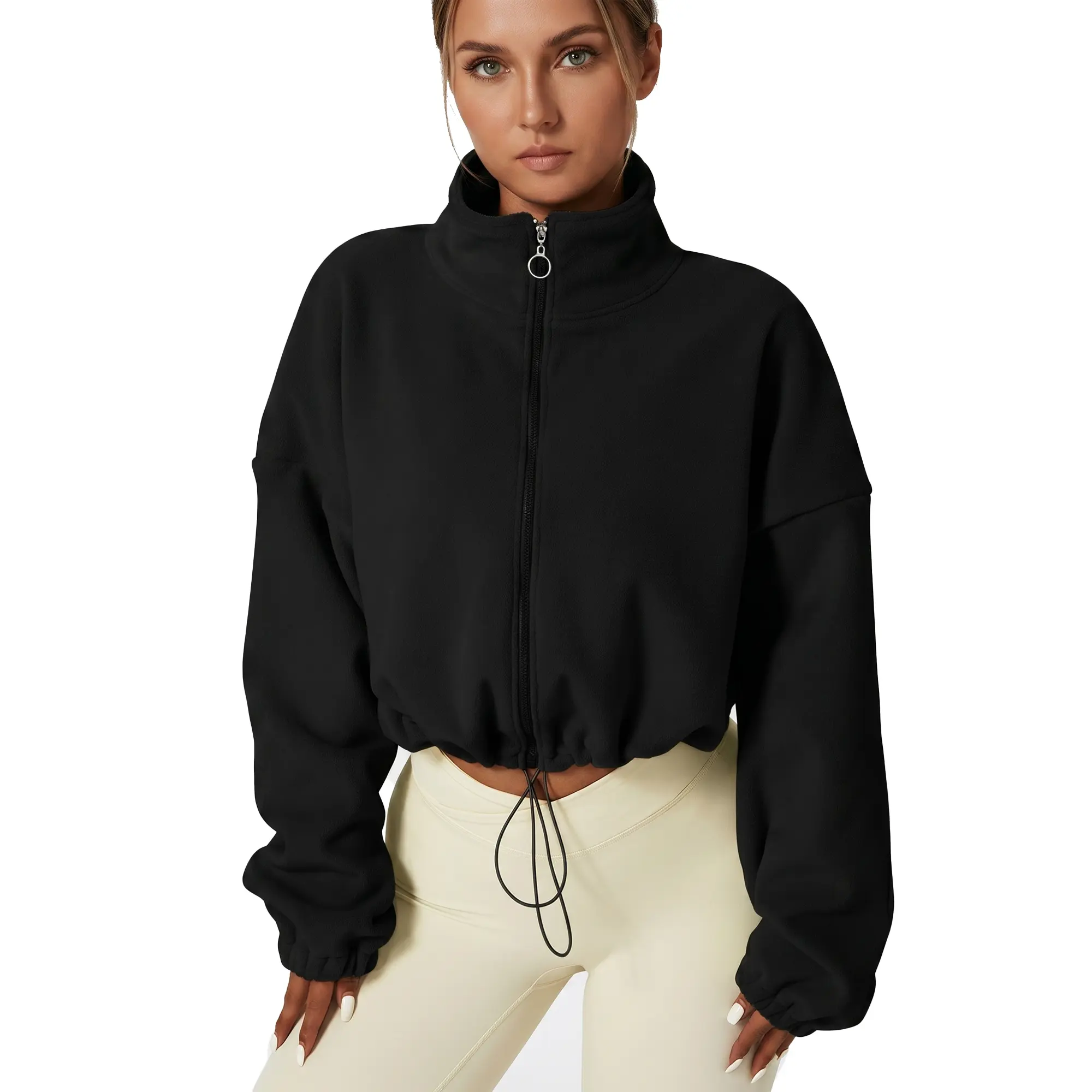 Women's Full Zip Fleece Short Jacket Warm Winter Long Sleeve Stand Collar Sherpa Crop Coat Black