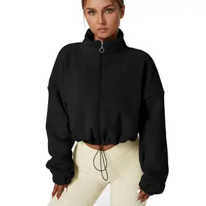 Women's Full Zip Fleece Short Jacket Warm Winter Long Sleeve Stand Collar Sherpa Crop Coat Black