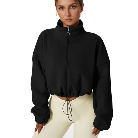 Women's Full Zip Fleece Short Jacket Warm Winter Long Sleeve Stand Collar Sherpa Crop Coat Black