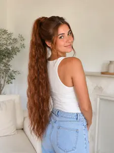 26 Inch Copper Wavy Wrap Around Ponytail Extension, Long Curly Velcro Ponytail Hairpiece for Women, Stylish Hair Accessory