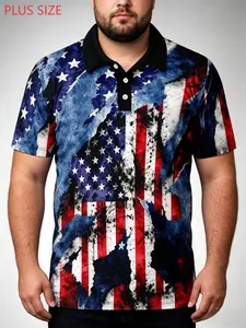 Large Size Men's Star-Spangled Lapel Casual Print Patriotic Polo Shirt, Breathable Quick-Dry Sport Short Sleeve Top, Independence Day Clothing