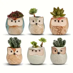 6pcs Owl Ceramic Pot with Drainage Hole, Cute Owl-Shaped Design, Perfect for Home Office Garden Decor, Ideal for Cacti & Herbs