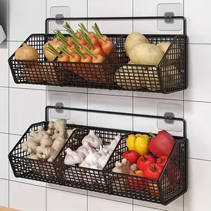 1pc Modern Wall-Mounted Kitchen Storage Basket - Durable Metal Wire Organizer for Spices, Garlic, Onions & Vegetables - Perfect for Home Organization，With Adhesive Tape