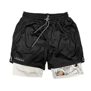 Anime Performance Shorts Summer Double Layer Beach Pants Fitness Training Pant Sports，Basketball Shorts, 2 In 1 Design, Spring/Summer, School