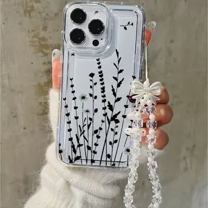 Minimalist Black Botanical Grass & Wildflowers Phone Case, Elegant Beaded Strap with Bow Charm Shockproof & Wear-resistant Cover Fits iPhone 11–17 Pro Max Compatible with iPhone 11/12/13/14/15, 16 Pro Max/16 Pro/16 Plus