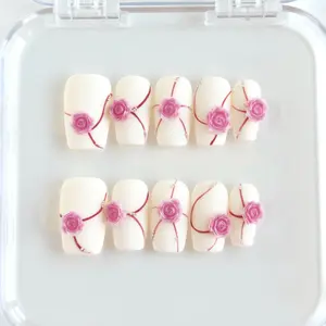 Rose Overture| 10 PCS Medium Square Handmade Press On Nails, Off-White Pink Flower 3D Press On Nails, Matte Base 3D Rose Decoration, Gentle Sweet Style, Date Commuting Nail Set, Flower Design Nails