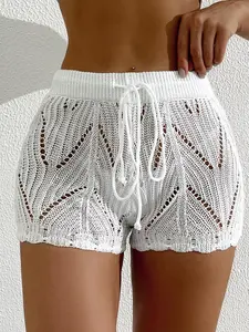 Women's Solid Color Knitted  Shorts, Casual Comfy Breathable Shorts for Beach Vacation Holiday, Ladies Bottoms for Summer