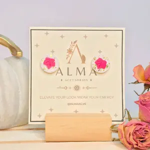 ALMA Pink Leaf Polymer Clay Earrings Handmade Round Studs with Gold Foil Cute Boho Earrings for Women Gift for Her