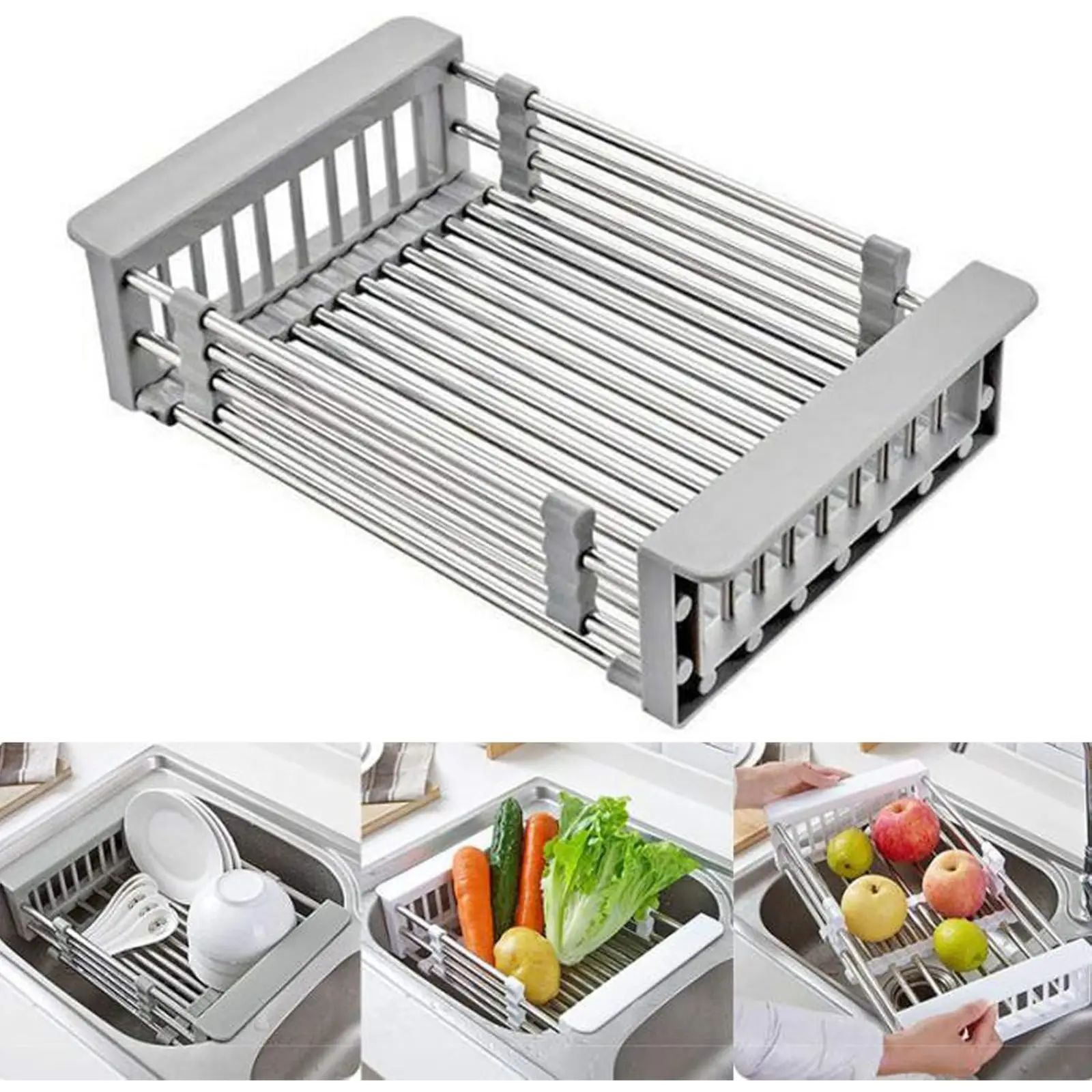 Heavy-Duty Stainless Steel Rectangle Dish Drainer - Adjustable Organiser, Retractable Over-the-Sink Gray Home Supply, Multifunctional Space-Saving Rack for Food & Beverage Item Drying