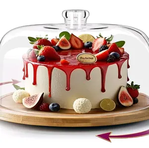 Cake Stand with Lid Rotating Cake Stand with Dome Bamboo Cake Display Stand Cake Plate Turnable Cake Holder with Baking Decorating Tools for Birthday Weddings Party