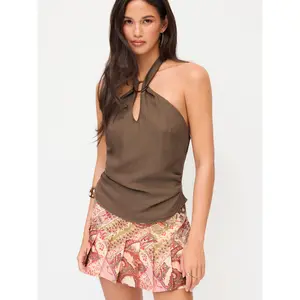 Cider Linen-blend Halter Neckline Cut Out Ruched Backless Blouse SummerWins Dealsforyou