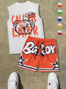 Two-Piece Set Men's Letter Print Tank Top & Star Print Shorts, Regular Fit Sleeveless Round Neck Top & Drawstring Waist Shorts, Casual Athletic Summer Clothes for Outdoor Athletic Activewear