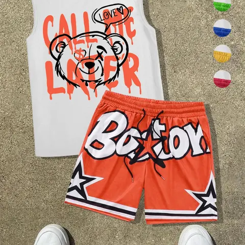Two-Piece Set Men's Graphic Letter Print Tank Top & Star Print Shorts, Regular Fit Sleeveless Round Neck Top & Drawstring Waist Shorts, Casual Athletic Summer Clothes for Outdoor Athletic Activewear Casual Sport Set