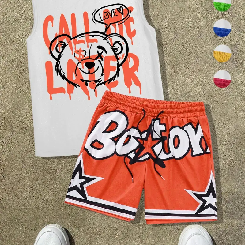 Two-Piece Set Men's Graphic Letter Print Tank Top & Star Print Shorts, Regular Fit Sleeveless Round Neck Top & Drawstring Waist Shorts, Casual Athletic Summer Clothes for Outdoor Athletic Activewear Casual Sport Set