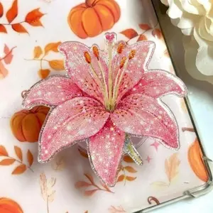 Glitter Lily Phone Grip, Pink Floral Aesthetic Phone Socket, Sparkly Flower Folding Stand, Coquette Phone Accessory, Cute Botanical Gift for Her, Floral Gift for Girls