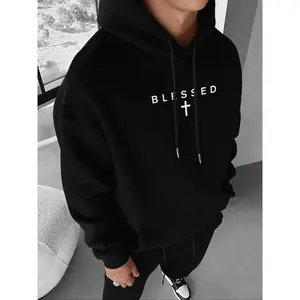Men's Fall Winter Hooded Sweatshirt, Blessed Cross Print, Drawstring and Kangaroo Pocket Design, Casual Fashion Streetwear Unisex Hoodies