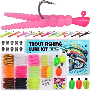Trout-Fishing Lure Kit 165 Creek & River Fishing Set with Split Tail Grub Worms, Shad Dart Jig Heads, Floats & Sinkers for Seasonal Trout and Crappie Panfish