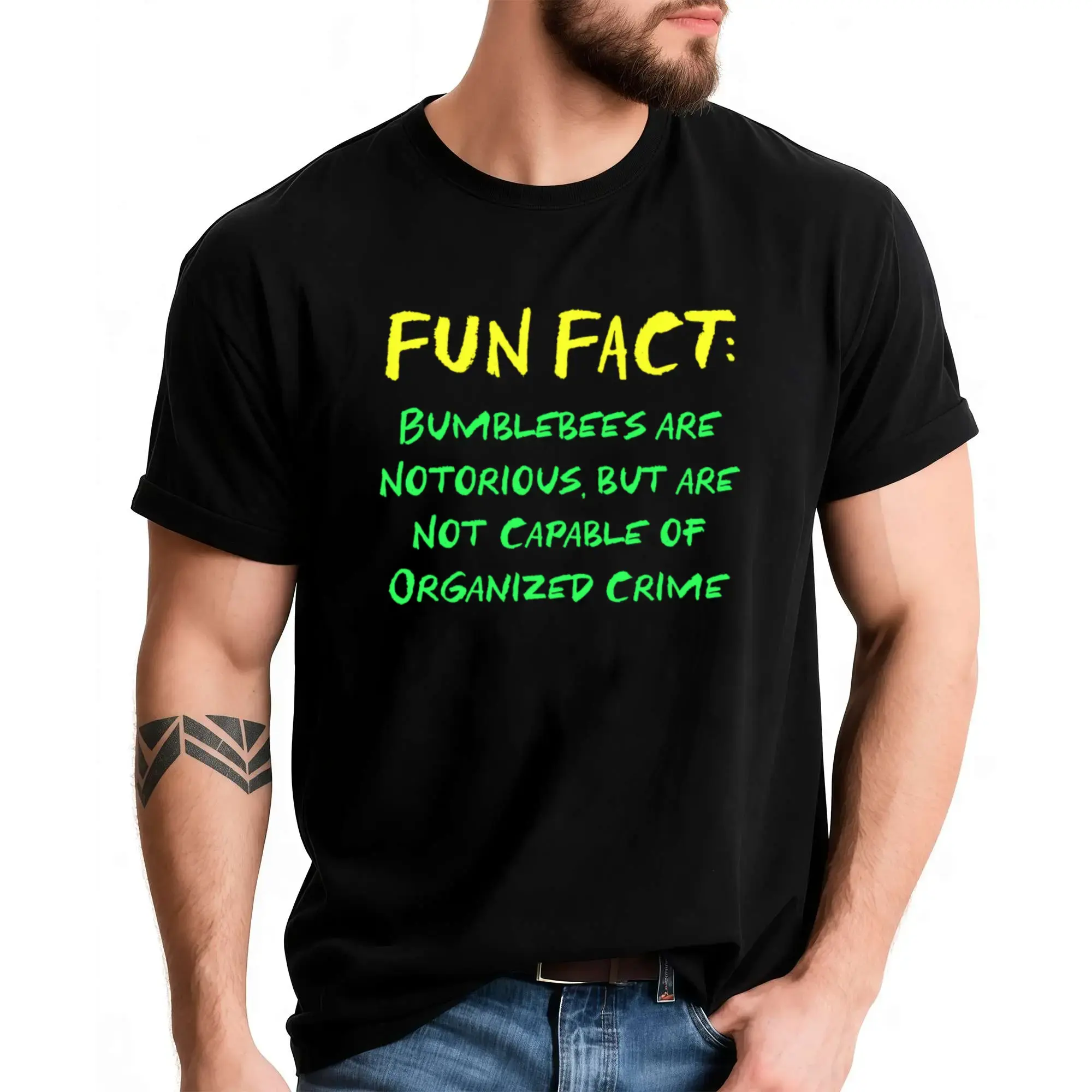 Men'S Funny Bumblebee Pun T-Shirt - "Bumblebees Are Notorious But Are Not Capable of Organized Crime" - Lightweight Breathable Cotton Tee, Loose Fit Casual Shirt with Bold Yellow Text