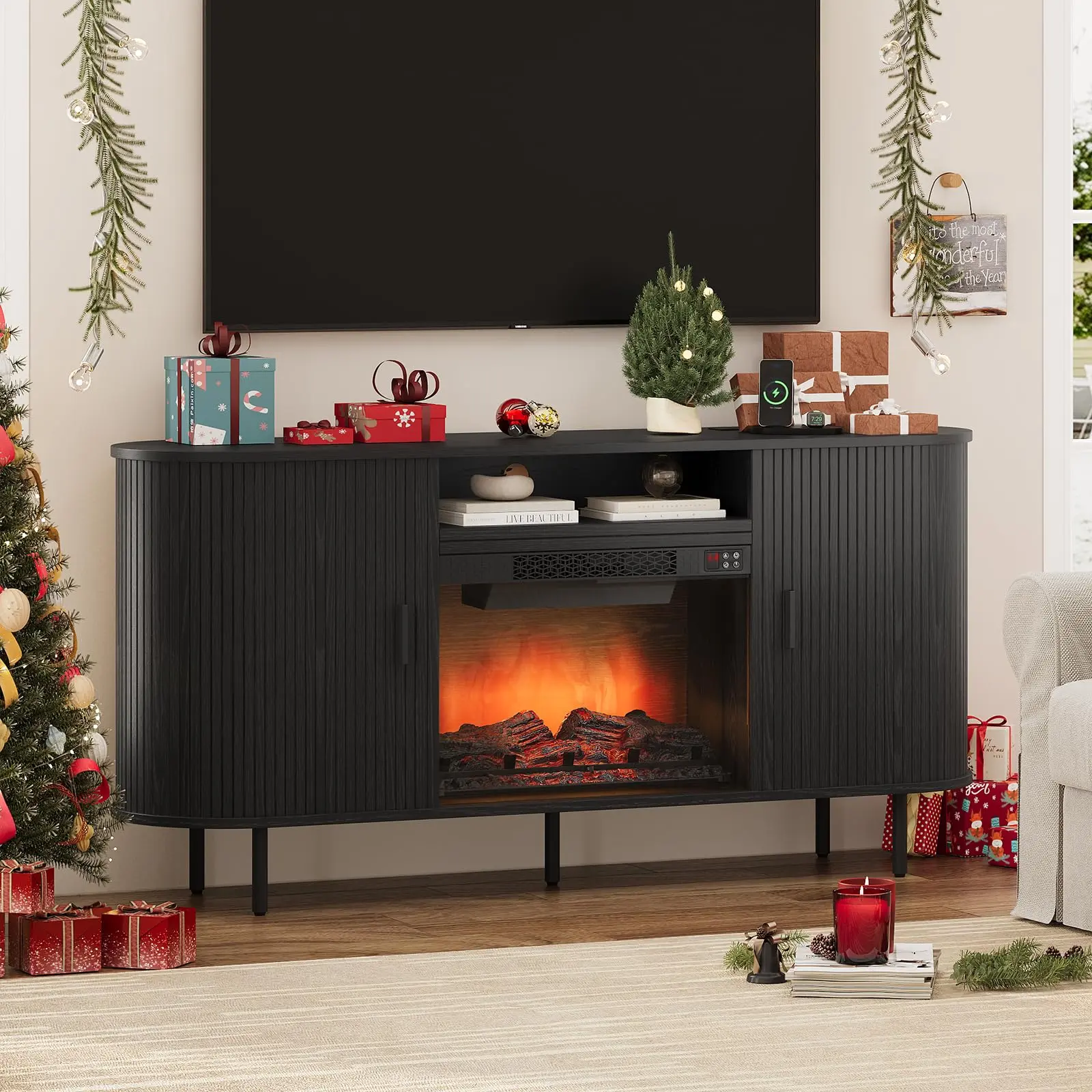 【SummerFinds】ONBRILL 63" Fluted Fireplace TV Stand with 23" Electric Fireplace Modern Entertainment Center for TVs up to 70" TV Console with Storage Sliding Door Adjustable Shelves for Living Room