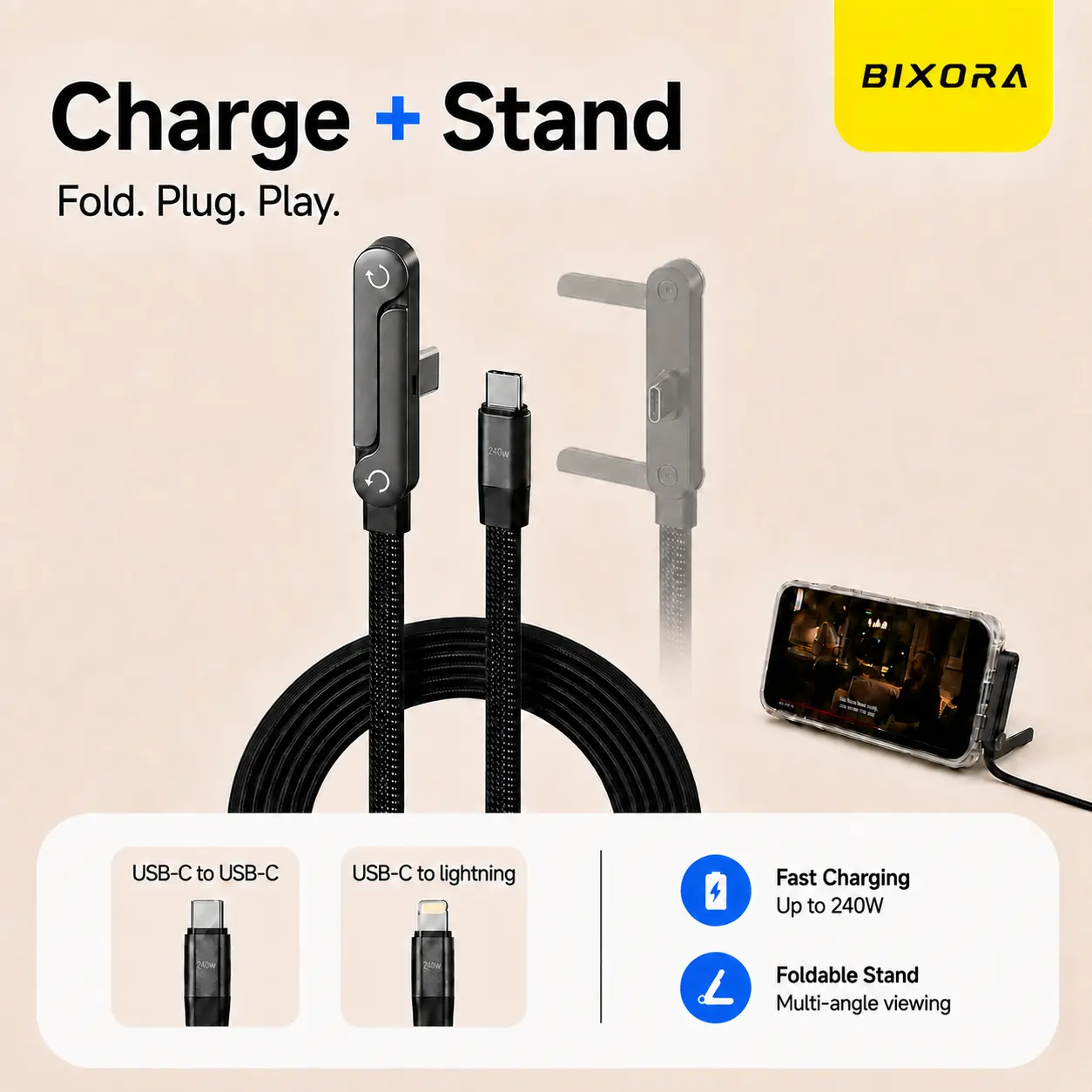Bixora 240W PD Fast Charging USB-C Cable with Foldable Phone Stand, 2-in-1 Braided Cord for Streaming, Gaming