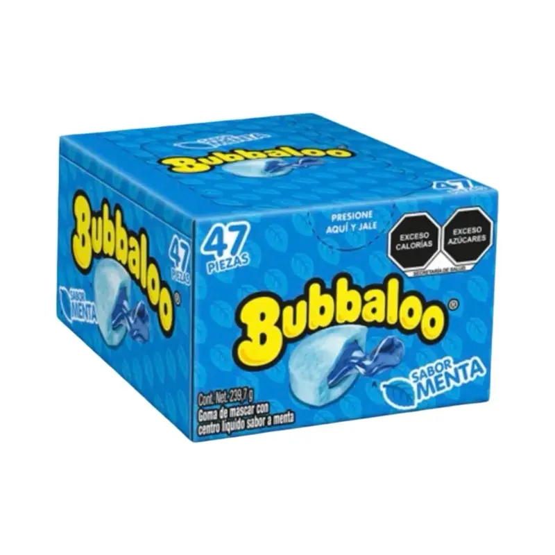 Bubbaloo Menta Chewing Bubble Gum with Liquid-Filled Center, Box of 47 Pieces Snack Mint Flavor, Mexican Candy, Dulces Mexicanos Sweet