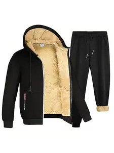 Two-piece Set Men's Solid Zip Up Hooded Jacket & Drawstring Waist Pants Set, Regular Fit Casual Long Sleeve Hooded Outerwear & Pocket Jogger Pants, Hooded Sweatshirt Set, Fall outfit