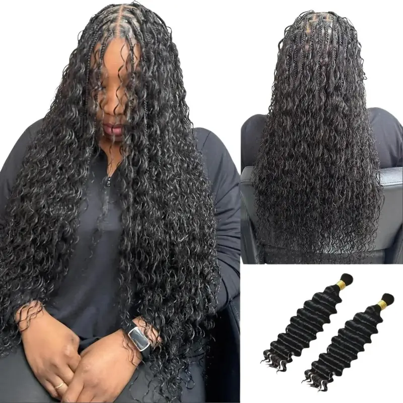 [Wequeen] Curly Deep Wave Bulk Human Hair Extensions, 16-24in Natural Black Afro Texture, 16in 200g (2pack) Human Hair Pieces, Ideal for Boho Braids, Summer Trends